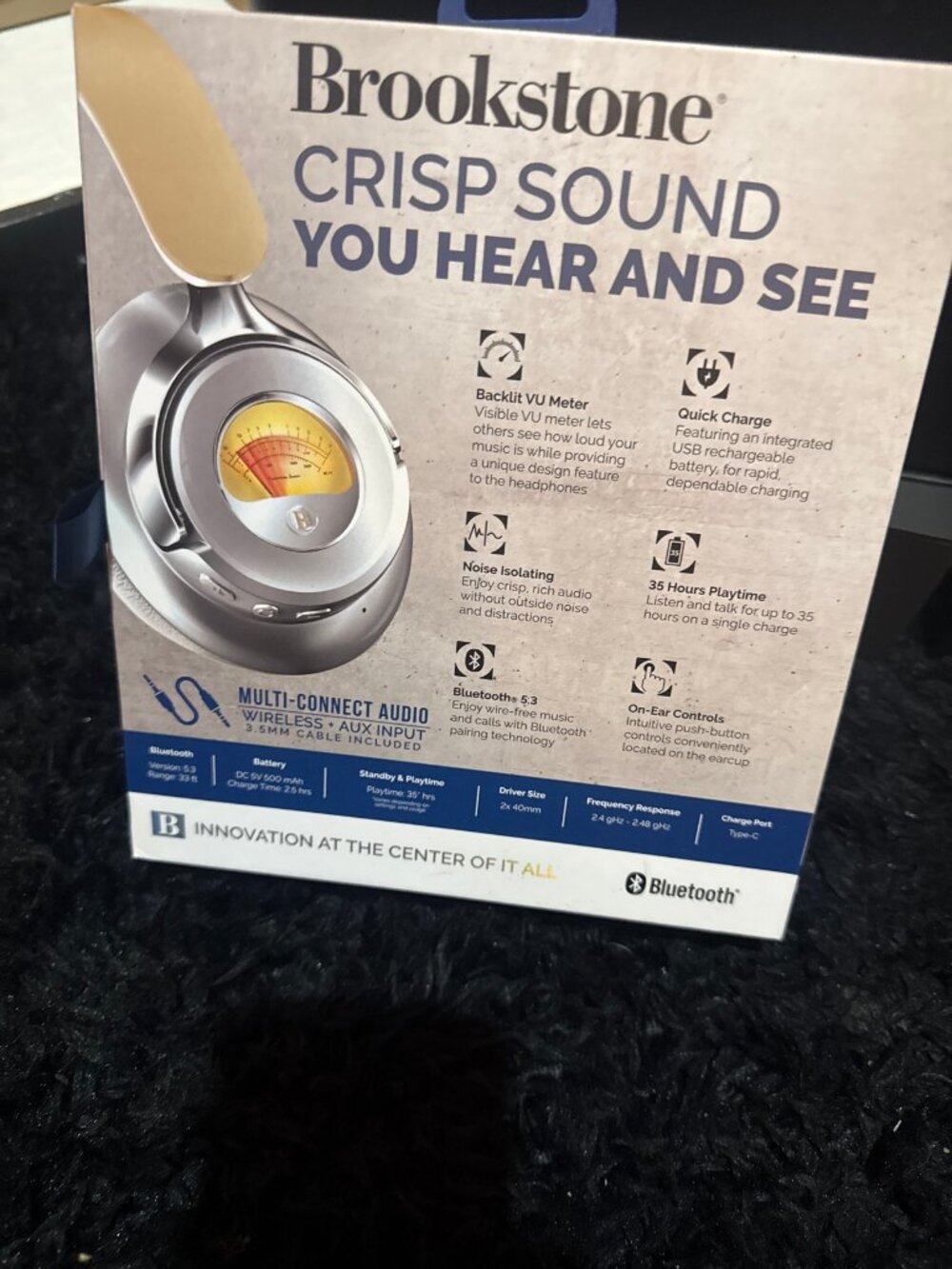 Brookstone Wireless Over-Ear Headphones Backlit VU Meter Bluetooth 5.3 New